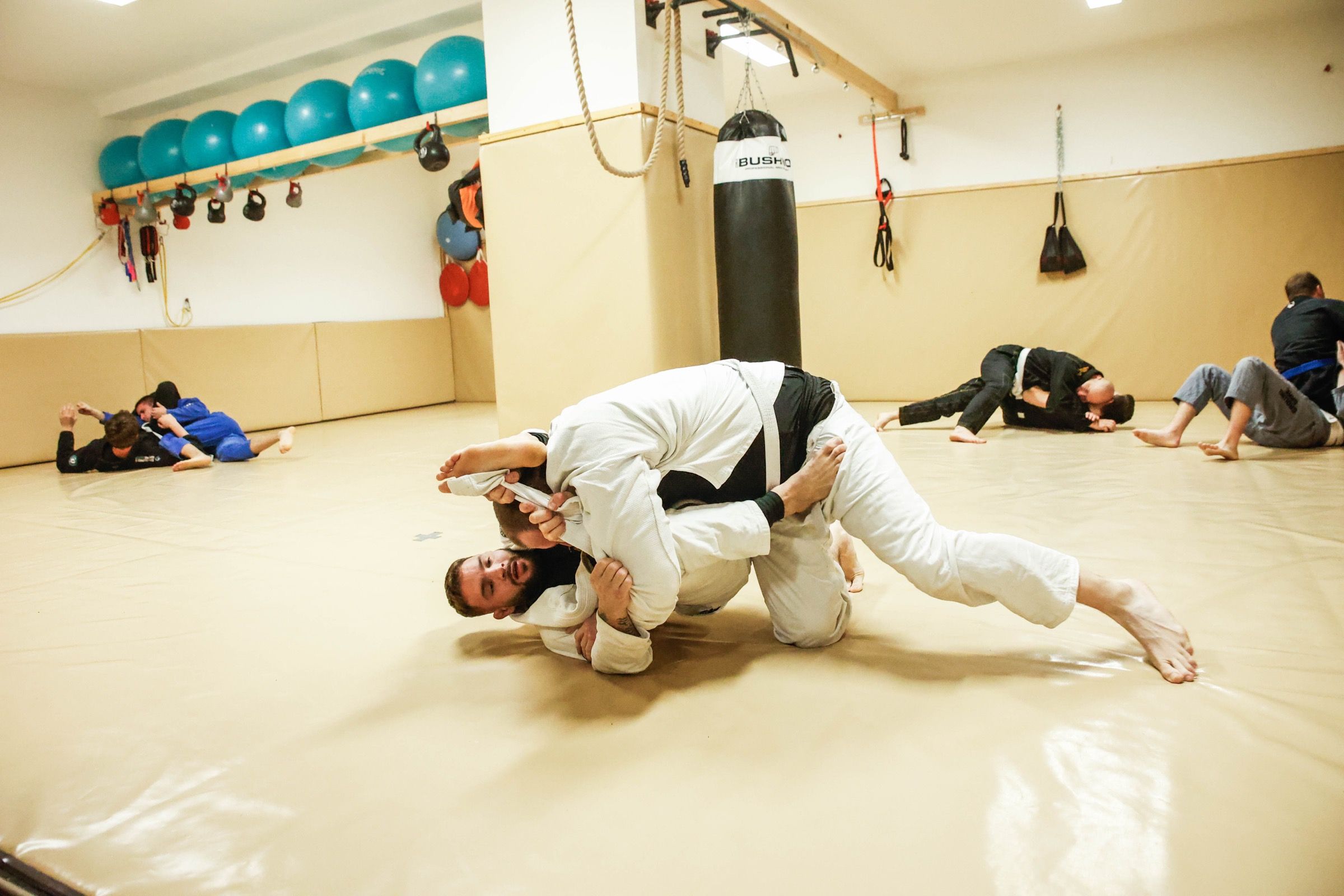Trénink v kimonu: dvojice v popředí pracuje na zemi, kolem nich cvičí další dvojice na tatami.