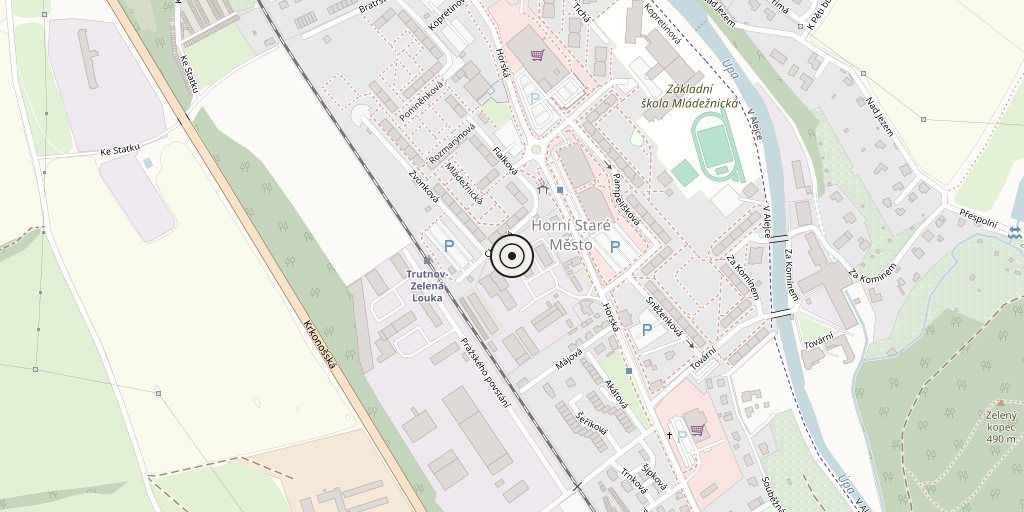 Mapa okolí: Horská 289, Trutnov, čtvrť Zelená Louka. Vchod je vyznačený kroužkem uprostřed.